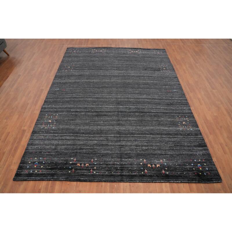 Hand Knotted Oriental Viscose Silk Carpet Tribal Animal Pictorial Greys & Charcoal Gabbeh Area Rug - 11' 7'' X 8' 9''