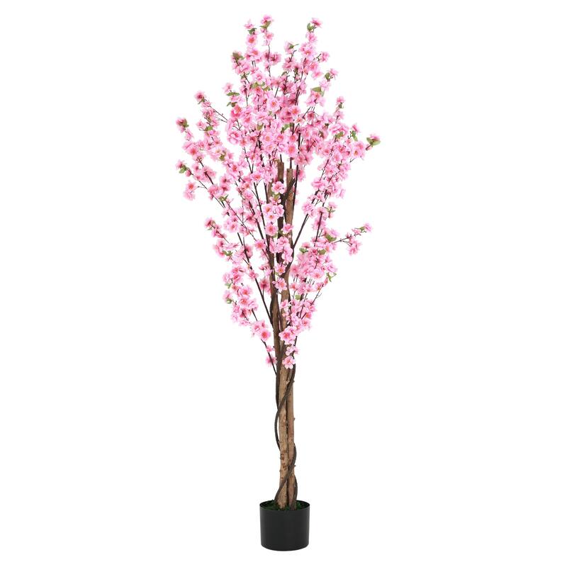 Roomfitters 6' Artificial Peach Blossom Tree with Black Plastic Pot, Lifelike Pink Flower Décor for Home & Office
