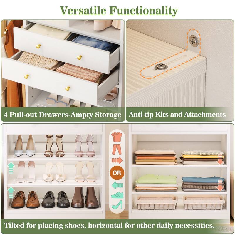 Set of 2 Closet System with 6 Hanging Rods and 4 Drawers, Adjustable Closet System with Shelves and Shoe Rack