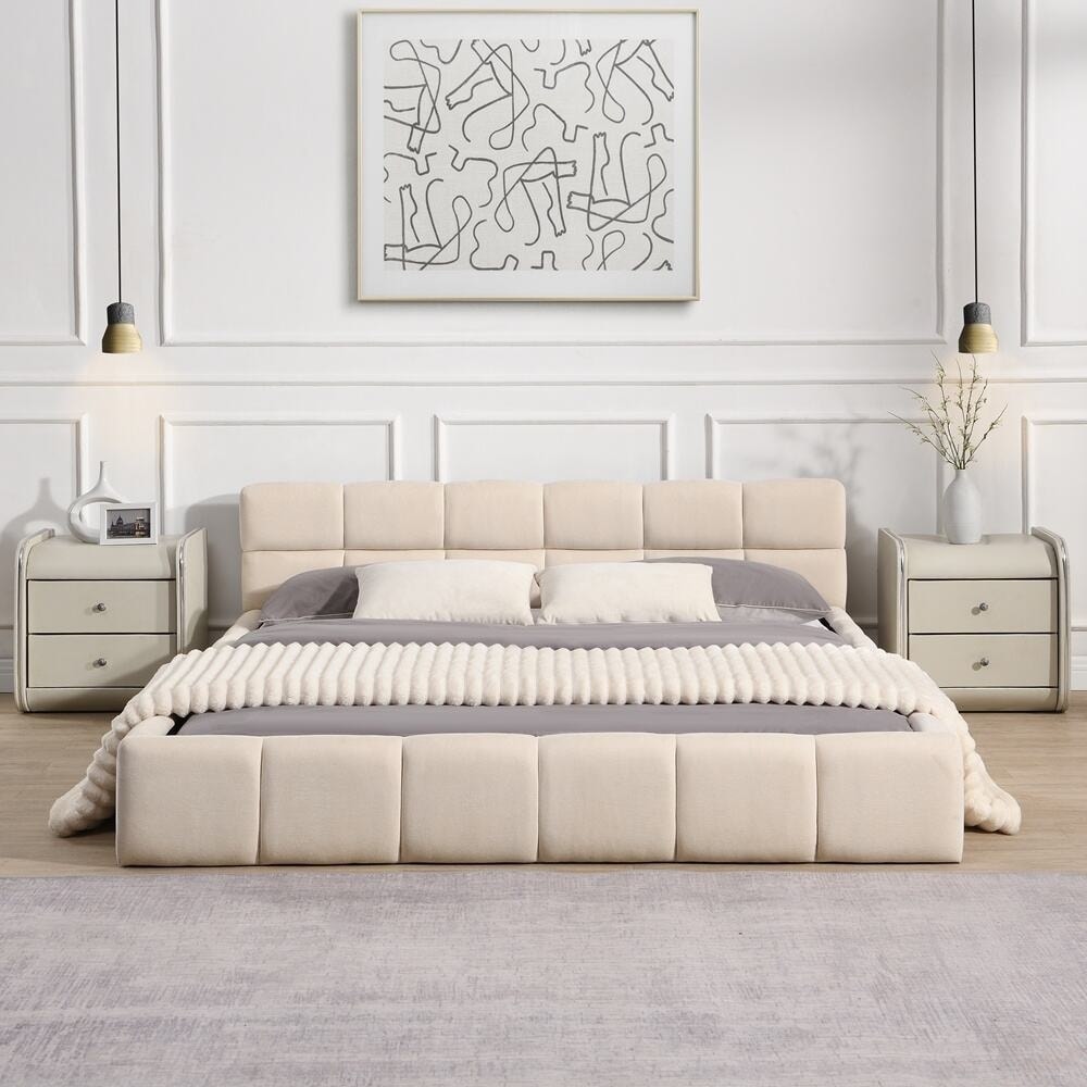 Elegant Chenille Upholstered Bed with Checkerboard Design