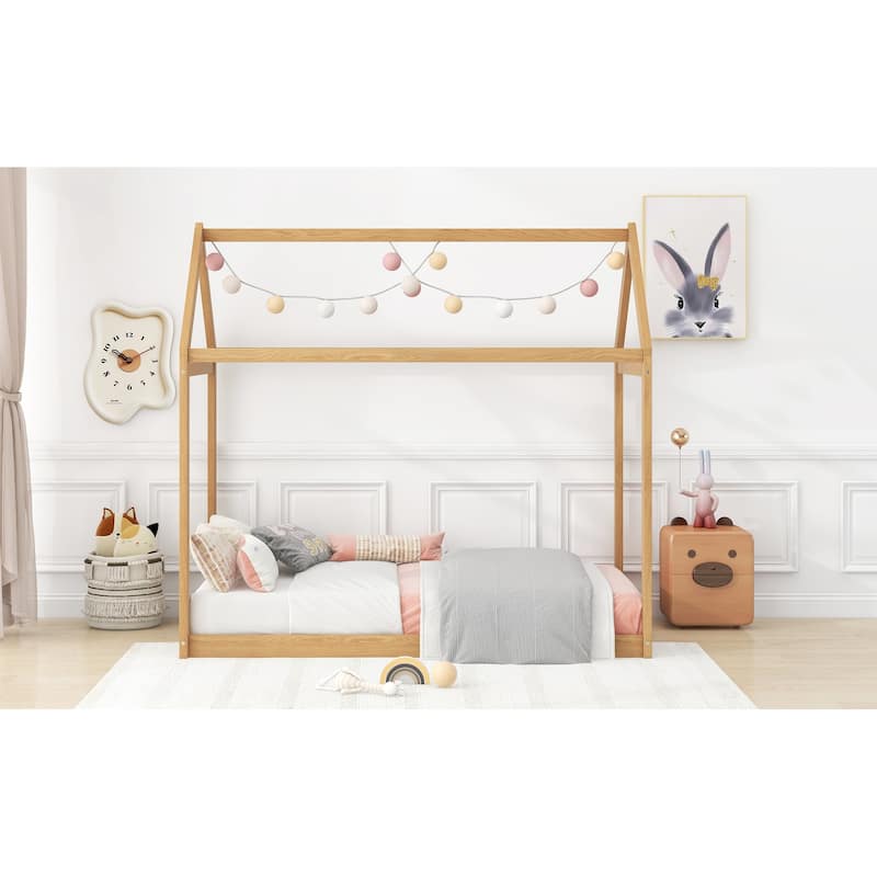 Twin Size Wooden House Bed in Natural Wood Finish
