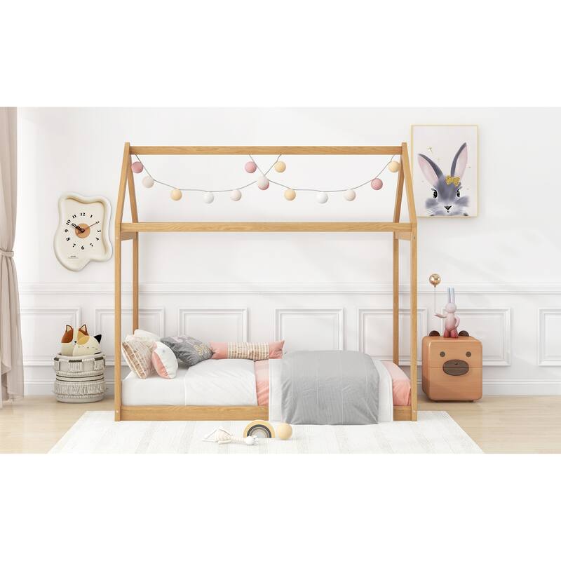 Twin Size Wooden House Bed with Fun Playful Design, MDF & Pine Wood Frame, Low Height for Safety