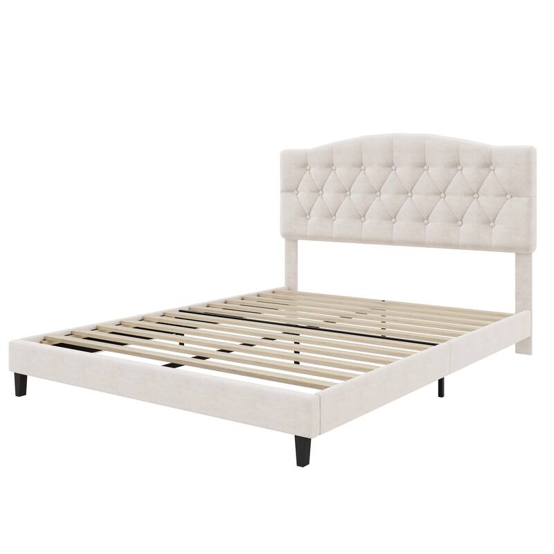 Upholstered Platform Bed Frame with Diamond Tufted Headboard,Beige