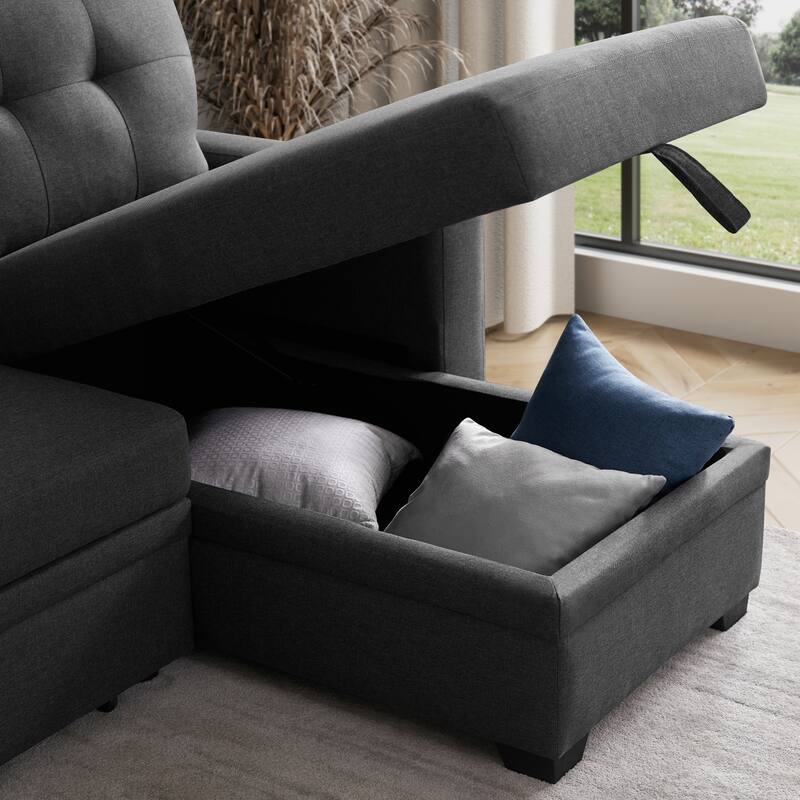 Pull-out Upholstered Sectional Sofa with Storage Chaise & Removable Cushions