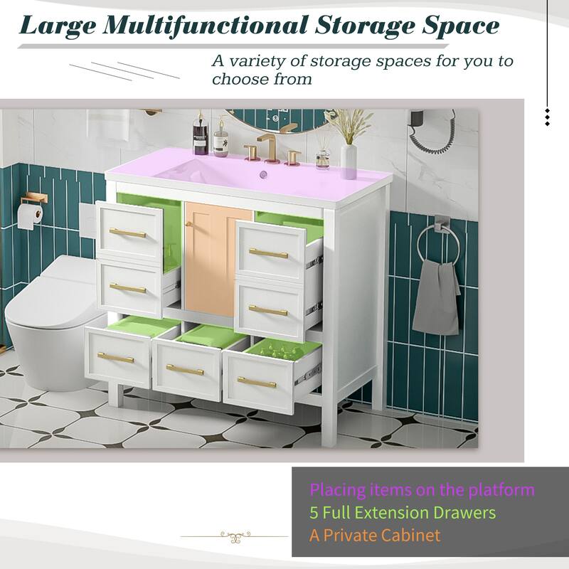 Freestanding Vanity for Bathroom with Resin Sink, Storage Cabinet with 5 Drawers, Soft Closing Doors and Gold Metal Handles