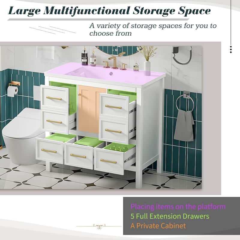 Roomfitters 36" Vanity with Resin Sink, Solid Wood Cabinet with 5 Drawers and Soft Closing Doors, Freestanding Storage Set