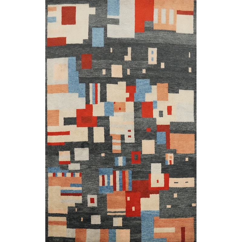 Hand Knotted Oriental 100% Wool Carpet Modern Geometric Greys & Charcoal Gabbeh Area Rug - 7' 8'' X 5' 4''