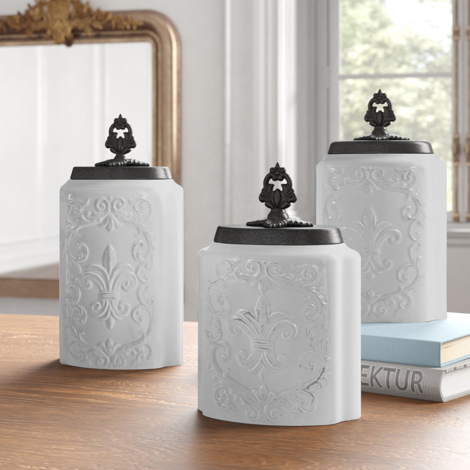 American Atelier Fleur De Lis Embossed Canisters, Set of 2 Medium Jars -  Medium (10.4 in H)