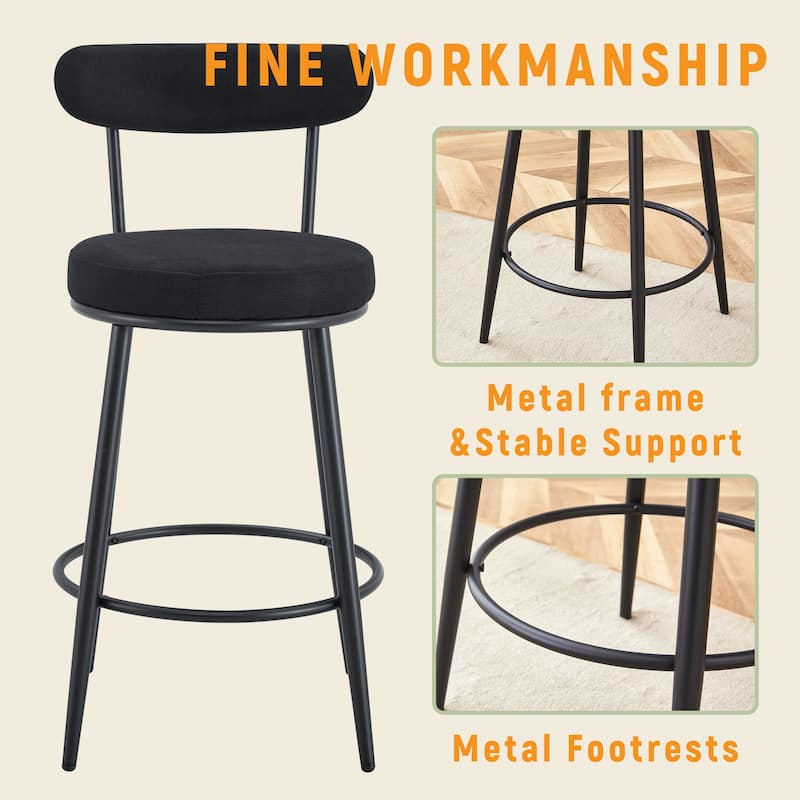 Counter Height Bar Stools Set of 2, Fabric Upholstered Bar Stools with Open Back, Kitchen Island Chairs with Footstool