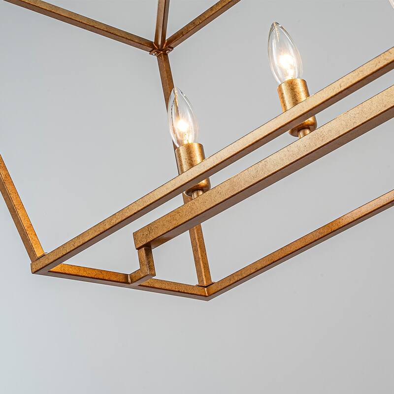 5-Light 39'' Modern Industrial Matte Gold Linear Lantern Geometric Chandelier Rectangle Cage Light For Kitchen Island - W39''