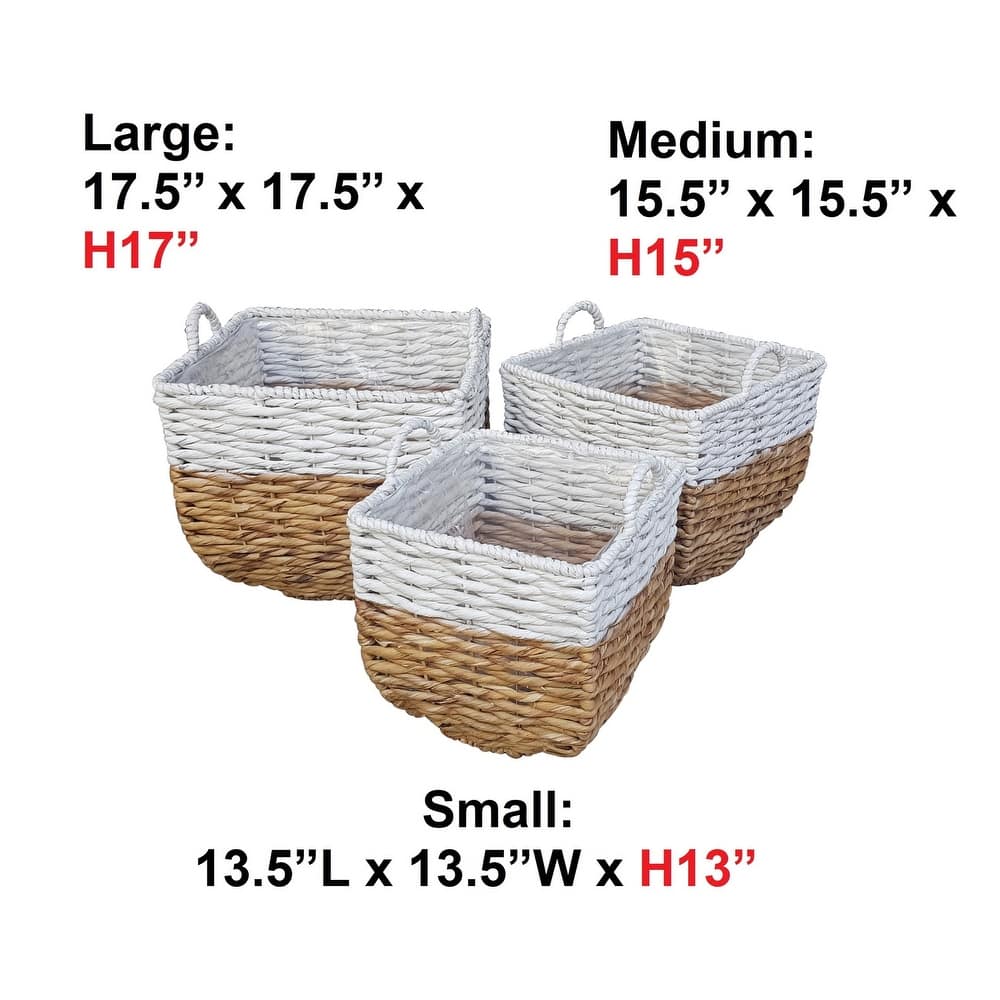 17.5", 15.5" & 13.5" Lucy Square Woven Water Hyacinth Baskets with Handles (Set of 3 Sizes)