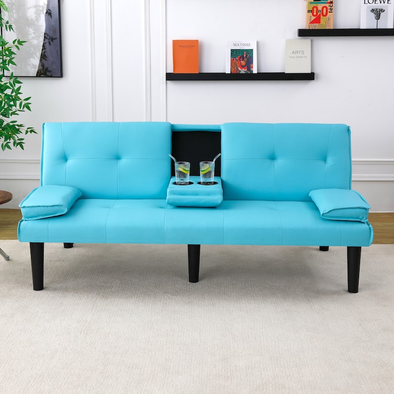Convertible Loveseat Couch Adjustable Faux Leather Sleeper Sofa Bed with Coffee Table, Cup Holders and Removable Pillow Armrests