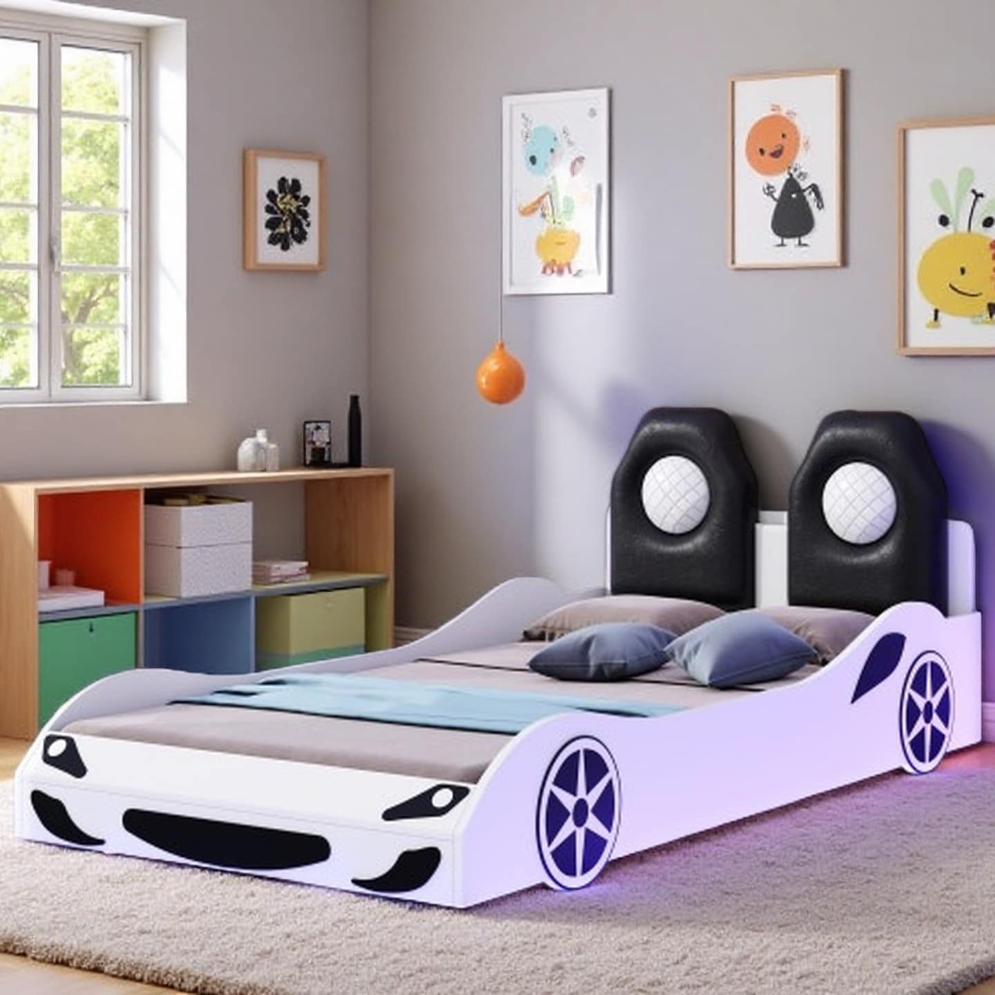 Twin Race Car Platform Bed with LED Lighting and Upholstered Headrest, Pine Wood & MDF Construction