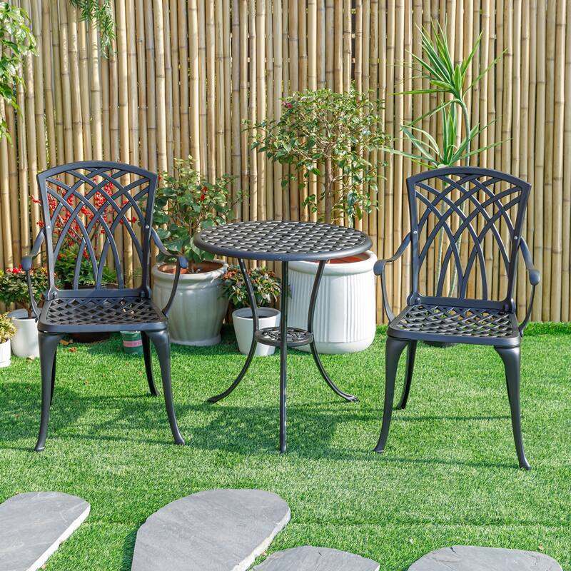 3-Piece Cast Aluminum Outdoor Bistro Set with LED Lights - 35" - Black