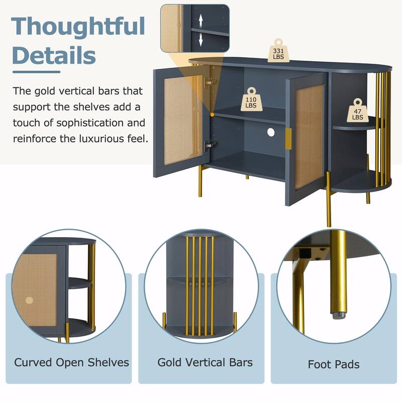 2-Door Curved Dining Cabinet - Elegant with Gold Trim and Woven Rattan Doors