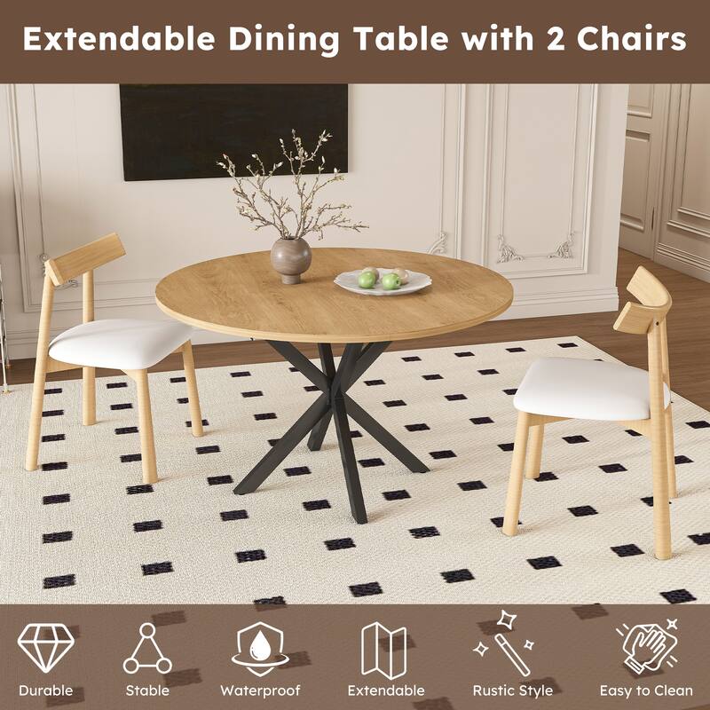 Extendable Round Dining Table Set for 2-6: 43" to 58" Oak Finish Expandable Table with Carbon Steel Base & Wood Chairs