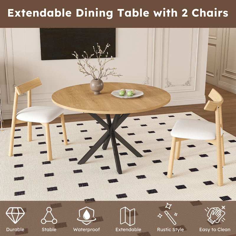 Extendable Round Dining Table Set for 2-6 Person, 43 to 58 Inch Expandable Table with Carbon Steel Base & 2 Solid Wood Chairs