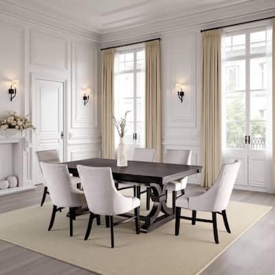 Luke 7pc Dining Table Set with 6 Wingback Chairs, Rectangular, Black, Beige