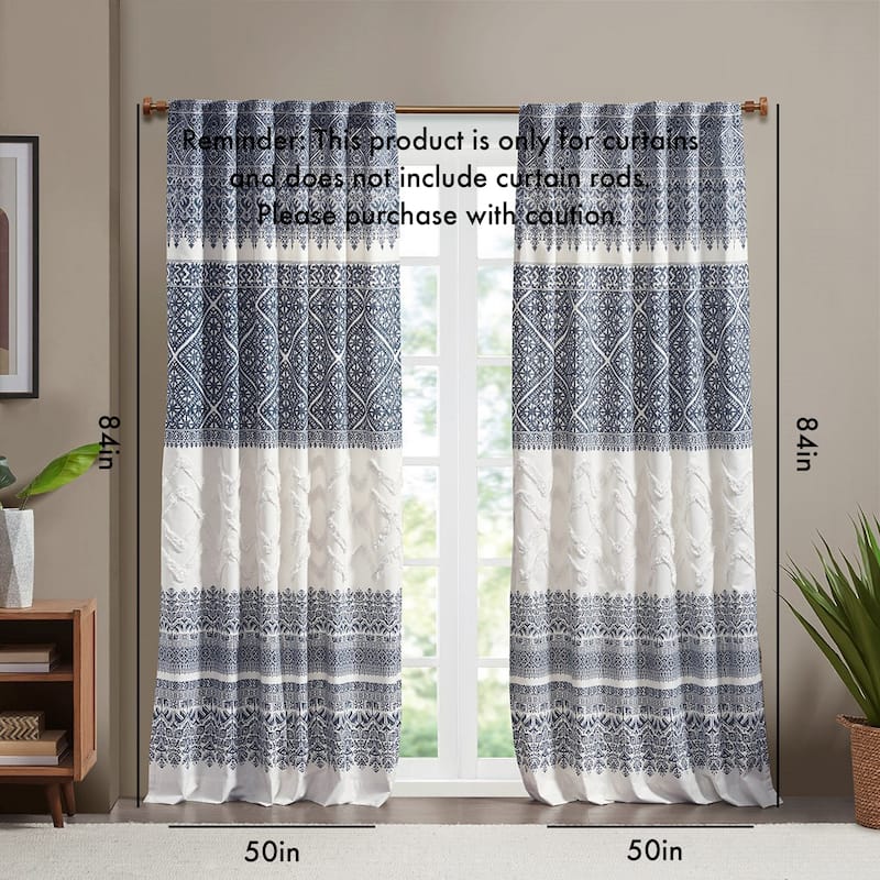 Cotton Printed Curtain Panel with Chenille detail and Lining(Only 1 Pc Panel) - Blue