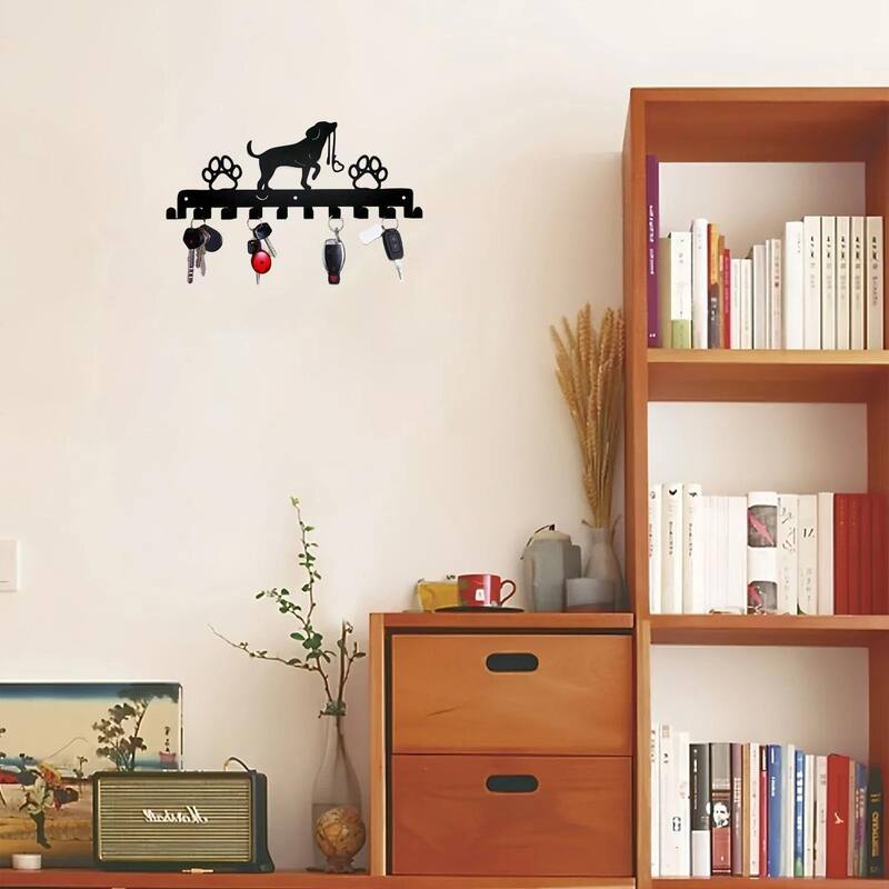 Black Metal Cute Dog Wall Hanging Storage Rack with Hooks for Home Entryway or Coat - 11.81”L x 4.96”H
