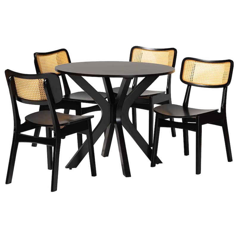 Linnet Mid-Century Wood and Rattan 5-Piece Dining Set - Espresso