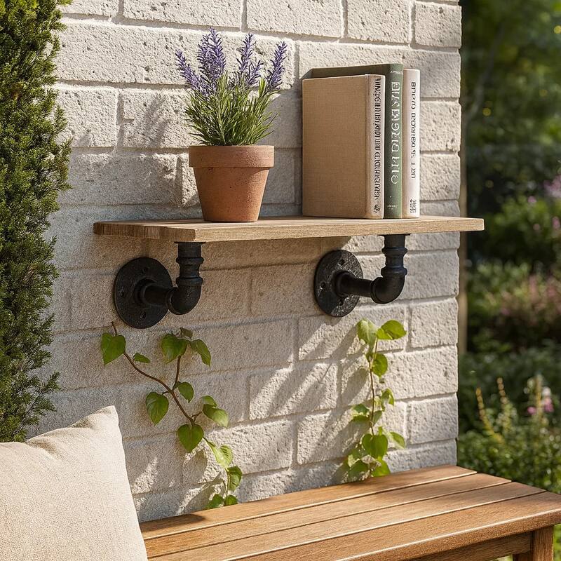 Ley 18 Inch Wood Wall Mount Shelf, Metal Pipe Design, Brown, Black