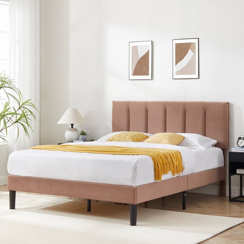 VECELO Tufted Upholstered Platform Bed Frame with Adjustable Height Headboard Twin/Full/Queen Size Beds - Coffee - Full