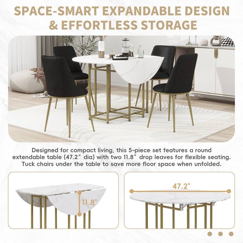 Space-Saving 5-Piece Extendable Kitchen Dining Table Set for Small Spaces - Round Faux Marble Top with Golden Frame
