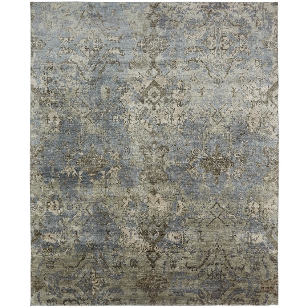 Transitional Blue Hand-Knotted Viscose Area Rug