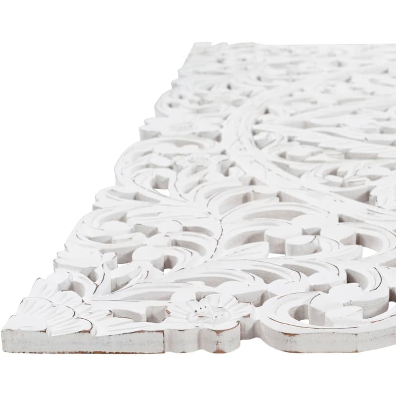 Luzie Floral Hand Carved Antique White Wooden 48x48-inch 3-Panel Wall Art