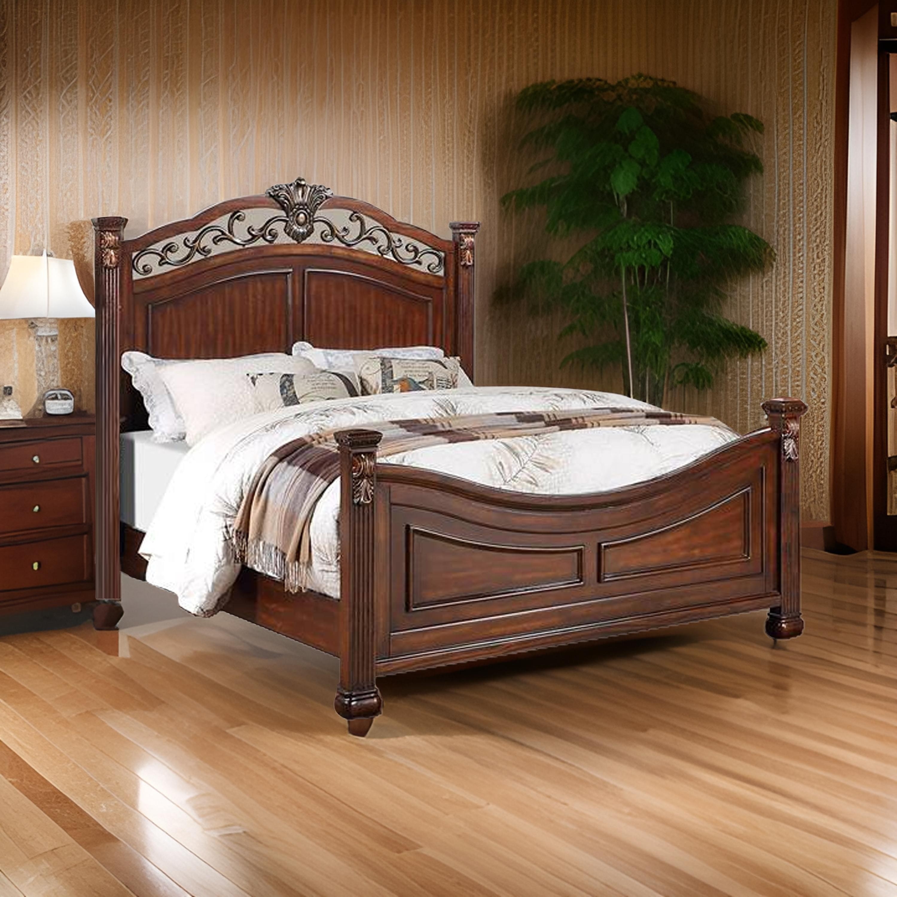 Aza Traditional Wood Queen Size Bed, Leaf Carvings, Rich Cherry