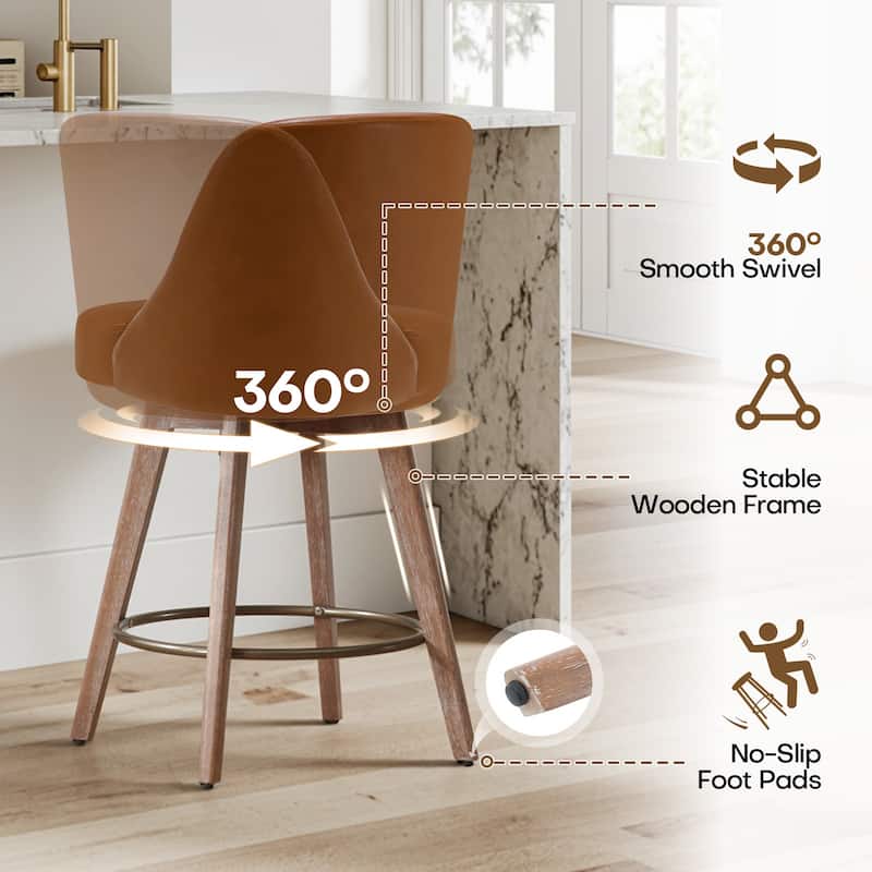 26" Upholstered Counter Height Swivel Bar Stool, Counter Stools with Solid Wood Legs - 39.37"H x 22.44"D x 21.65"W
