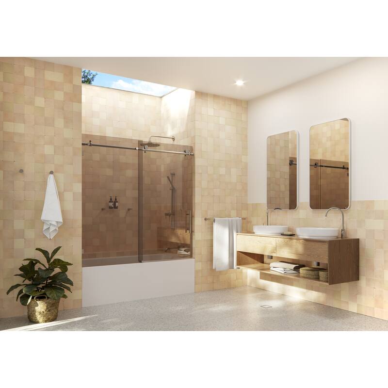 Equinox 60 in. x 60 in. Fully Frameless Glass Bath Slider with Bronze Tint
