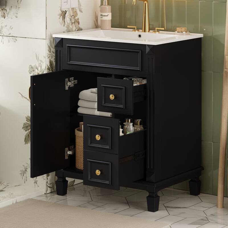 Roomfitters 24" Bathroom Vanity with Ceramic Sink, Freestanding Bathroom Storage Cabinet and Adjustable Shelf - Black