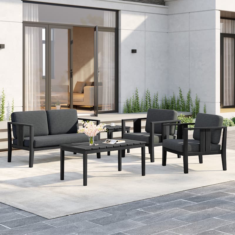 5-Piece Patio Furniture Solid Teak Outdoor Conversation Set - Dark Grey - Blackframe
