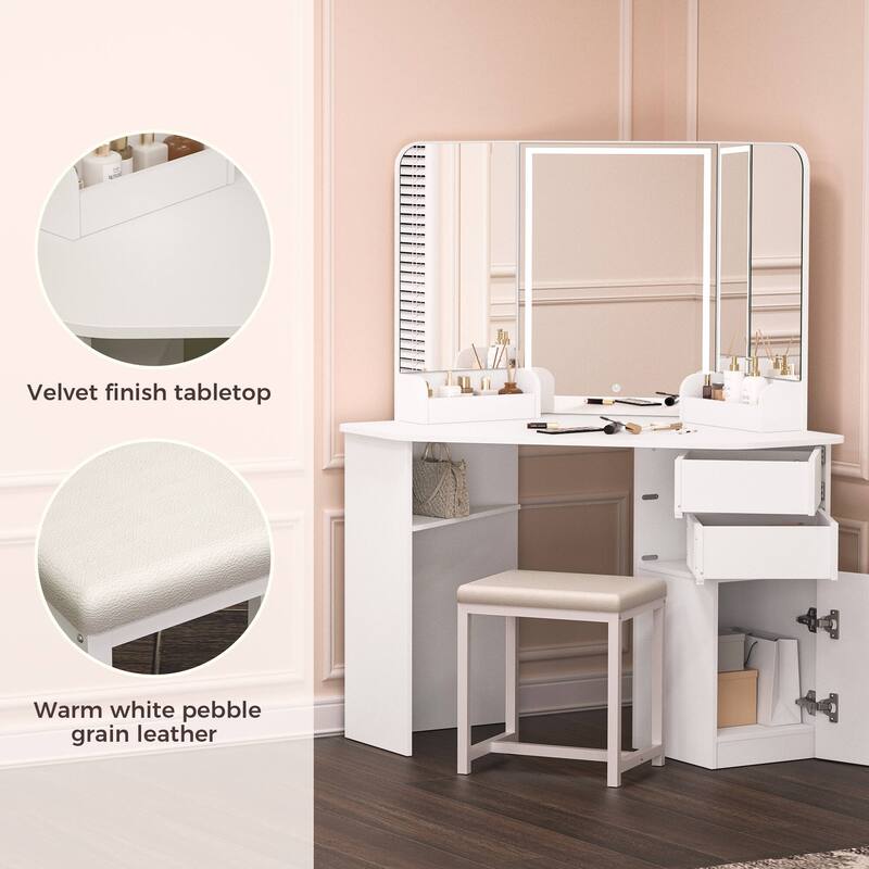 KEONJINN Corner Vanity Desk Set with Lighted Mirror & Matching Chair, Bedroom Storage - White - 56INx47IN