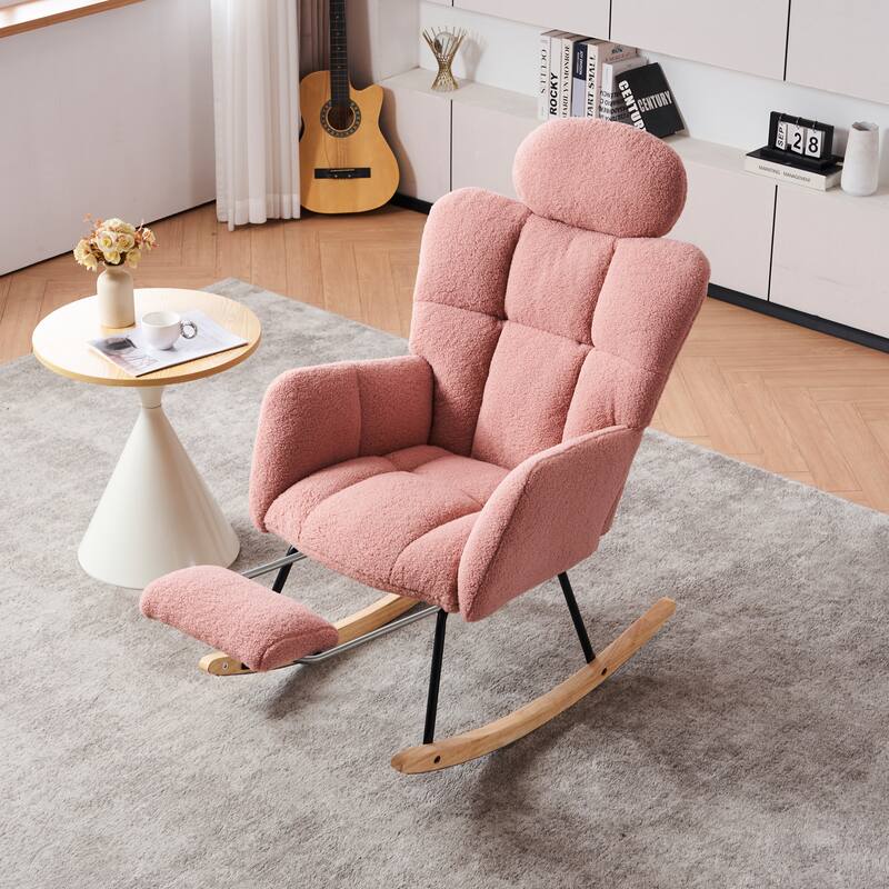 Teddy Fabric Upholstered Modern Nursery Rocking Chair with Footrest & High Backrest - Pink