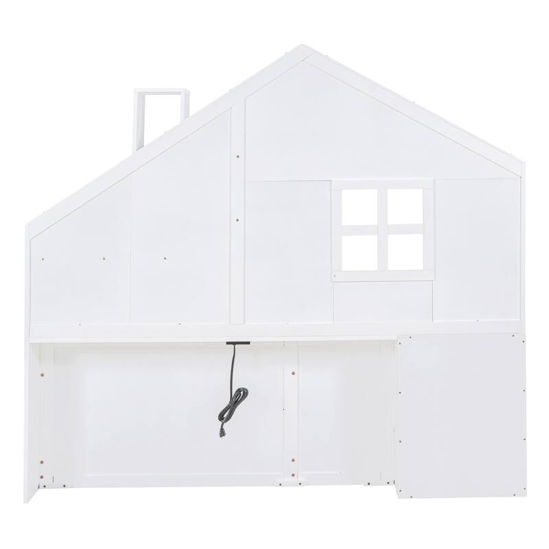 White Wooden House Platform Bed with Window, Roof, Drawers, Shelves, Sockets, USB Port