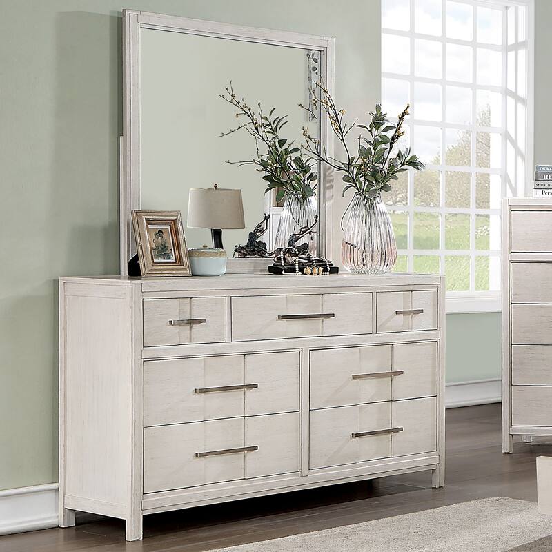 Tass Contemporary Wood 7-Drawer 2-piece Dresser and Mirror Set by Furniture of America - White