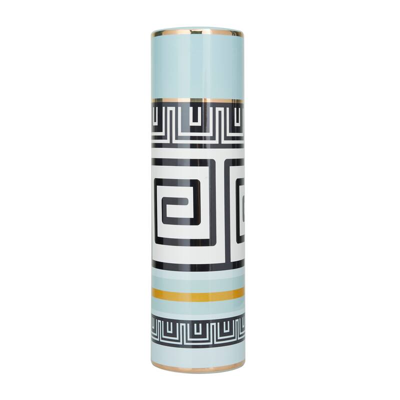 Teal Ceramic Vase Adorned with Greek Knot Pattern