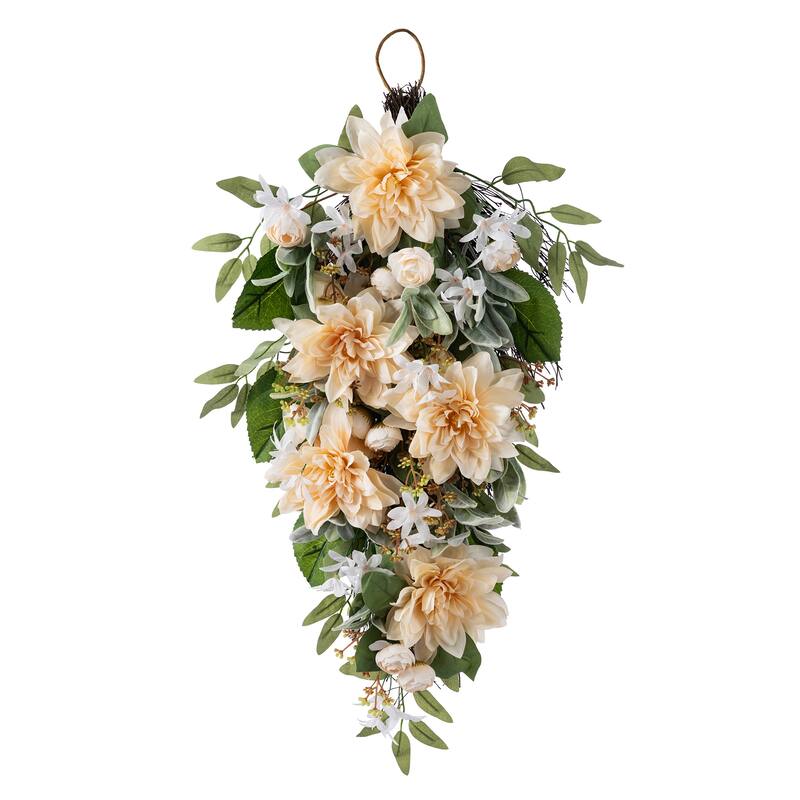 Glitzhome Peach Dahlia Floral Wreath Teardrop Garland - Teardrop