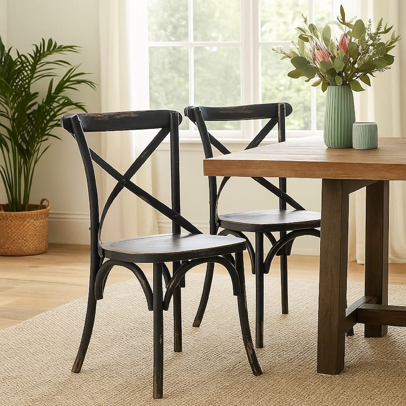 Puri Dining Side Chair Set of 2, X Shaped Backrest, Reclaimed Black
