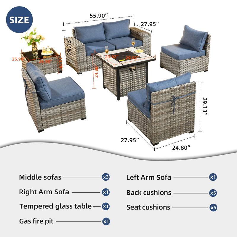 OVIOS Patio Wicker Furniture Wide Arm 7-piece Fire Pit Set with Table