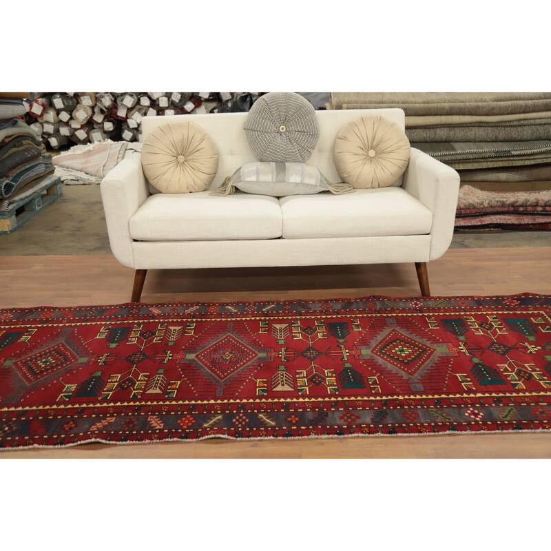 Hand Knotted Oriental 100% Wool Carpet Traditional Tribal Red Heriz Runner Rug - 10' 1'' X 3' 8''