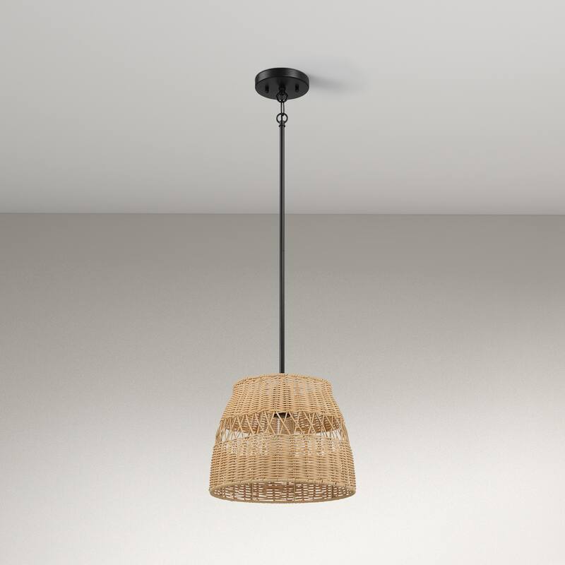 Vina Natural 1-Light Rattan Pendant Light with Black Metal Finish