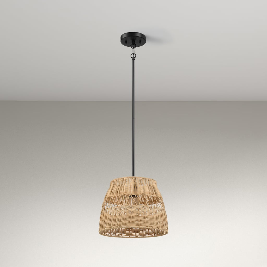 Vina Natural 1-Light Rattan Pendant Light with Black Metal Finish