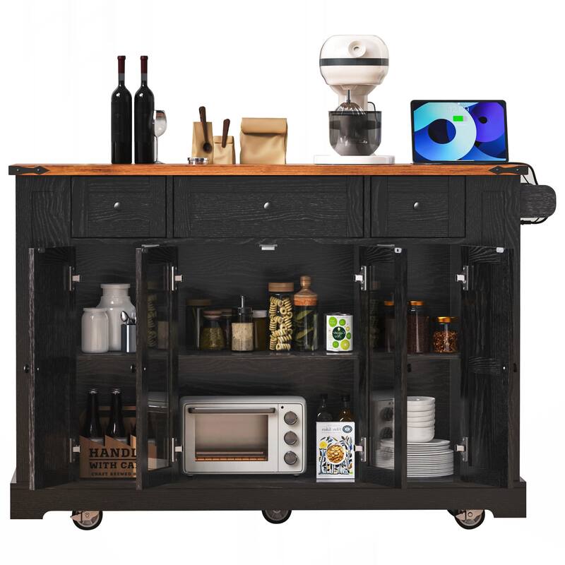 Kitchen Island with Two Tempered Glass Cabinet Doors, Power Outlet, Rolling Kitchen Cart on Wheels with Drop Leaf