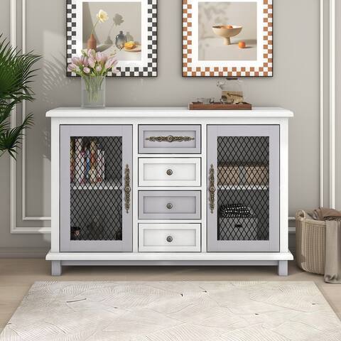 Retro Style Cabinet with 4 Drawers and 2 Iron Mesh Doors