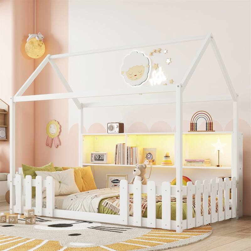 Twin Size Wood House Bed with LED Light and Storage Bookshelf, Floor House Bed with Guardrails - White