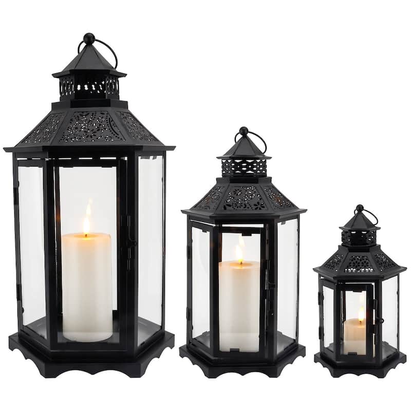 Set of Three Clear And Black Glass And Metal Floor Lantern Candle Holders